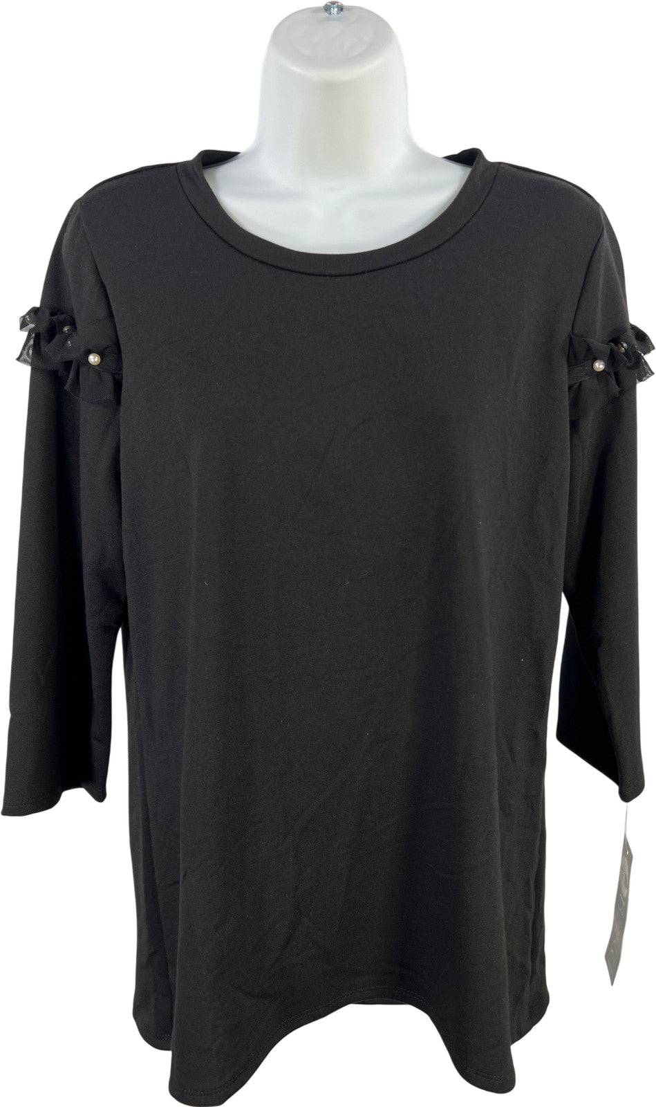 Baku Women’s Black 3/4 Ruffle Sleeve Jet French Mesh Blouse - M