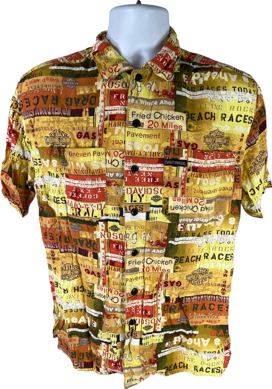 Harley Davidson Men’s Yellow Road Sign Graphic Short Sleeve Button Up Shirt - M