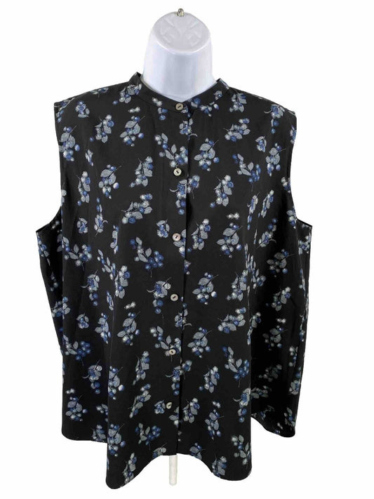 Vince Women's Black/Blue Floral Sleeveless Button Up Blouse - L
