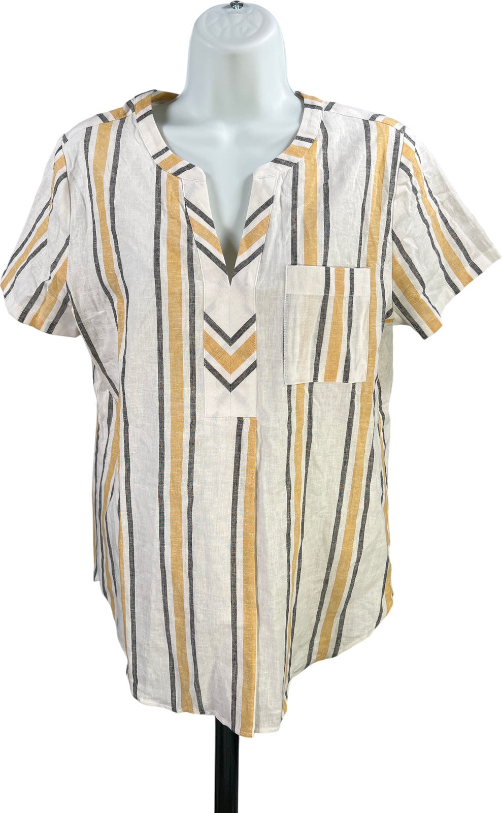 Van Heusen Women’s White/Yellow Striped Linen V-Neck Blouse - S
