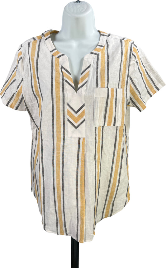 Van Heusen Women’s White/Yellow Striped Linen V-Neck Blouse - S