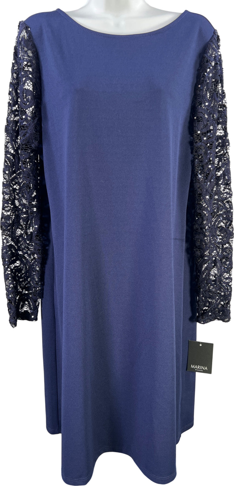Marina Women’s Navy Blue 3/4 Sheer Sequin Sleeve Cocktail Shift Dress - 12