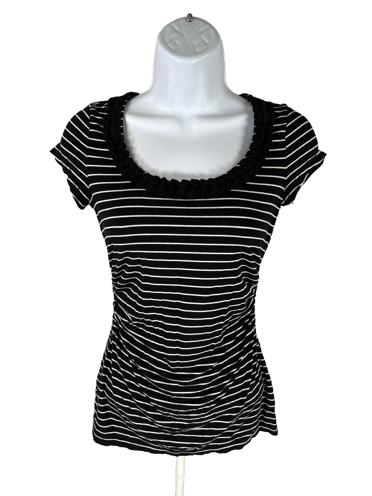 White House Black Market Womens Black Striped Ruffle Trim Cap Sleeve T-Shirt XXS