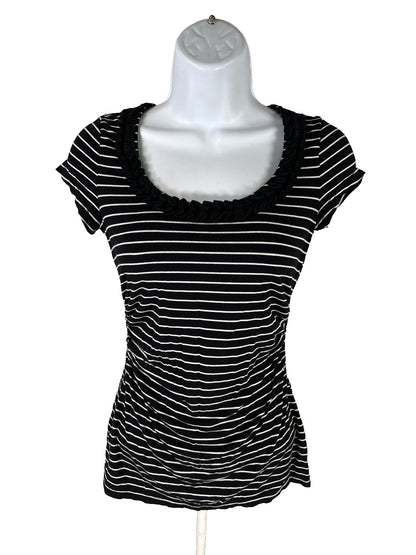 White House Black Market Womens Black Striped Ruffle Trim Cap Sleeve T-Shirt XXS