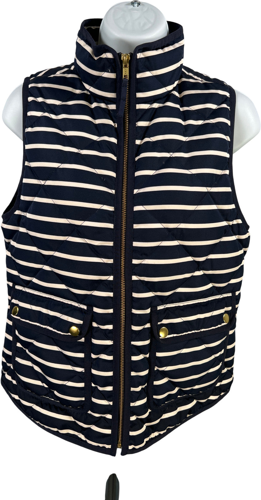 J.Crew Women’s Navy Blue/White Striped Down Filled Full Zip Vest - XS