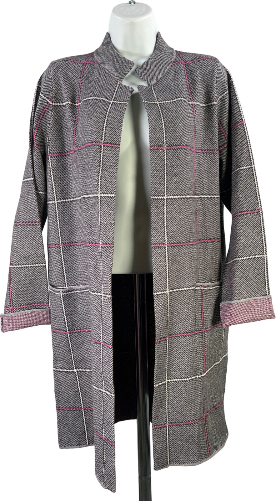 Tahari Women’s Gray/Purple Plaid Open Front Cardigan Sweater Jacket - M