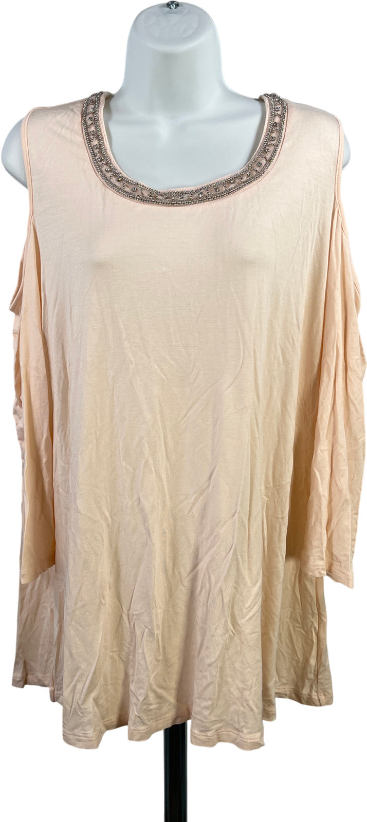 Rose and Olive Womens Pink Beaded Trim 3/4 Cold Shoulder Sleeve Blouse - Plus 1X