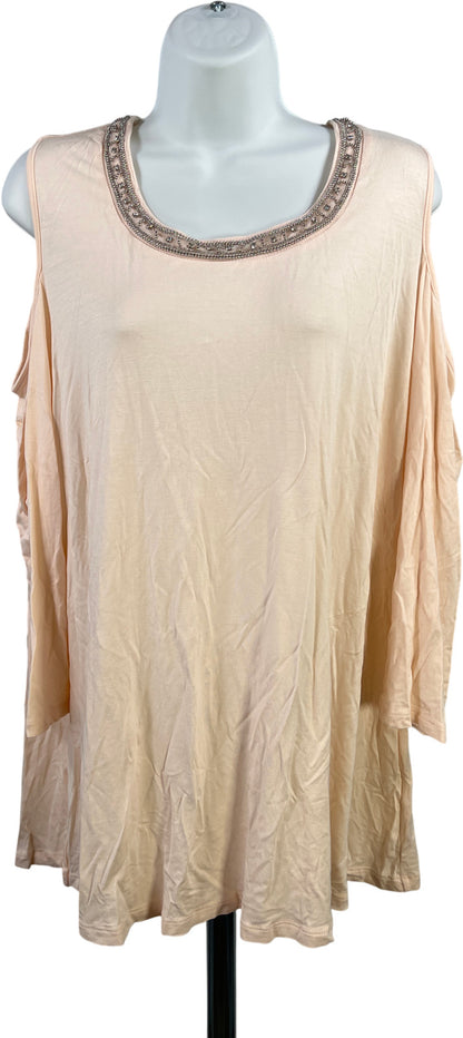 Rose and Olive Womens Pink Beaded Trim 3/4 Cold Shoulder Sleeve Blouse - Plus 1X