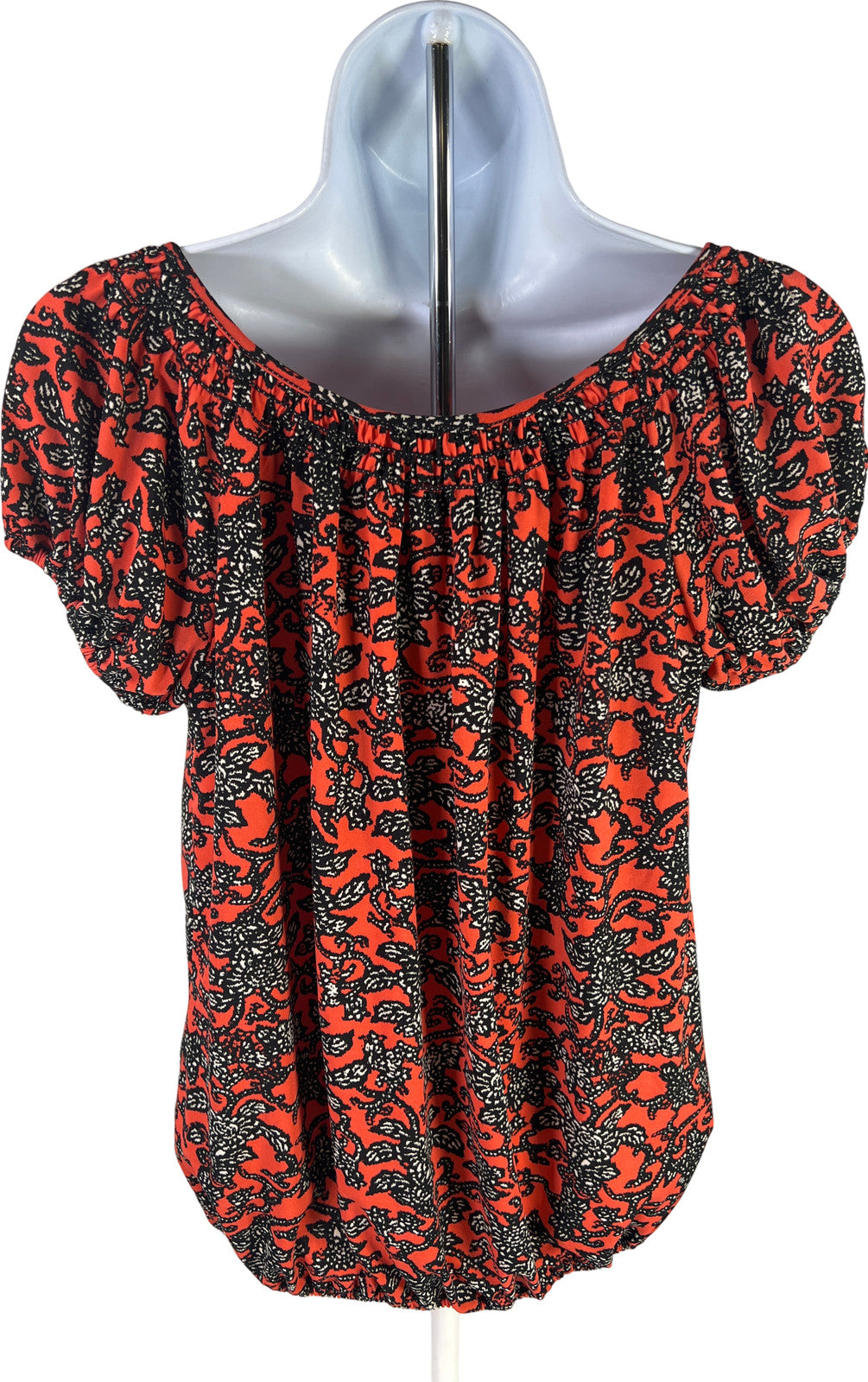 Max Studio Women’s Red Floral Short Sleeve Waisted Bottom Blouse - XS