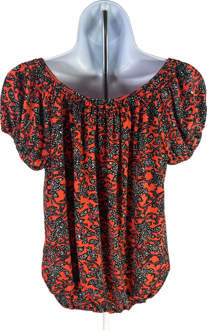 Max Studio Women’s Red Floral Short Sleeve Waisted Bottom Blouse - XS