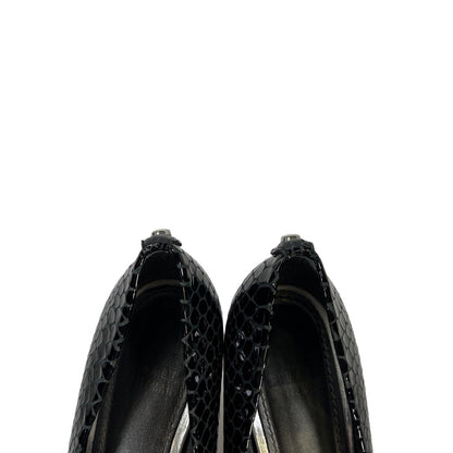 Stuart Weitzman Women's Black Leather Snake Print Peep Toe Heels - 9