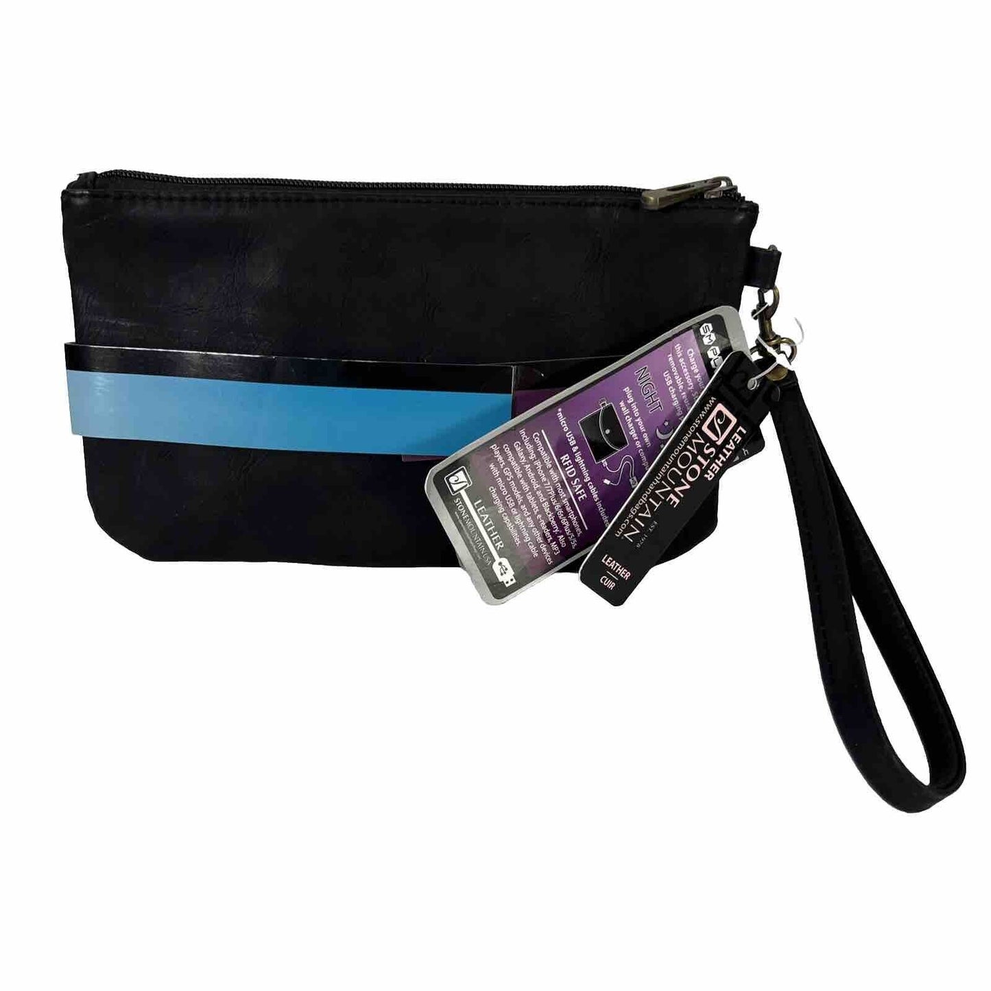 NEW Stone Mountain Black Leather Wristlet Wallet with Power Bank