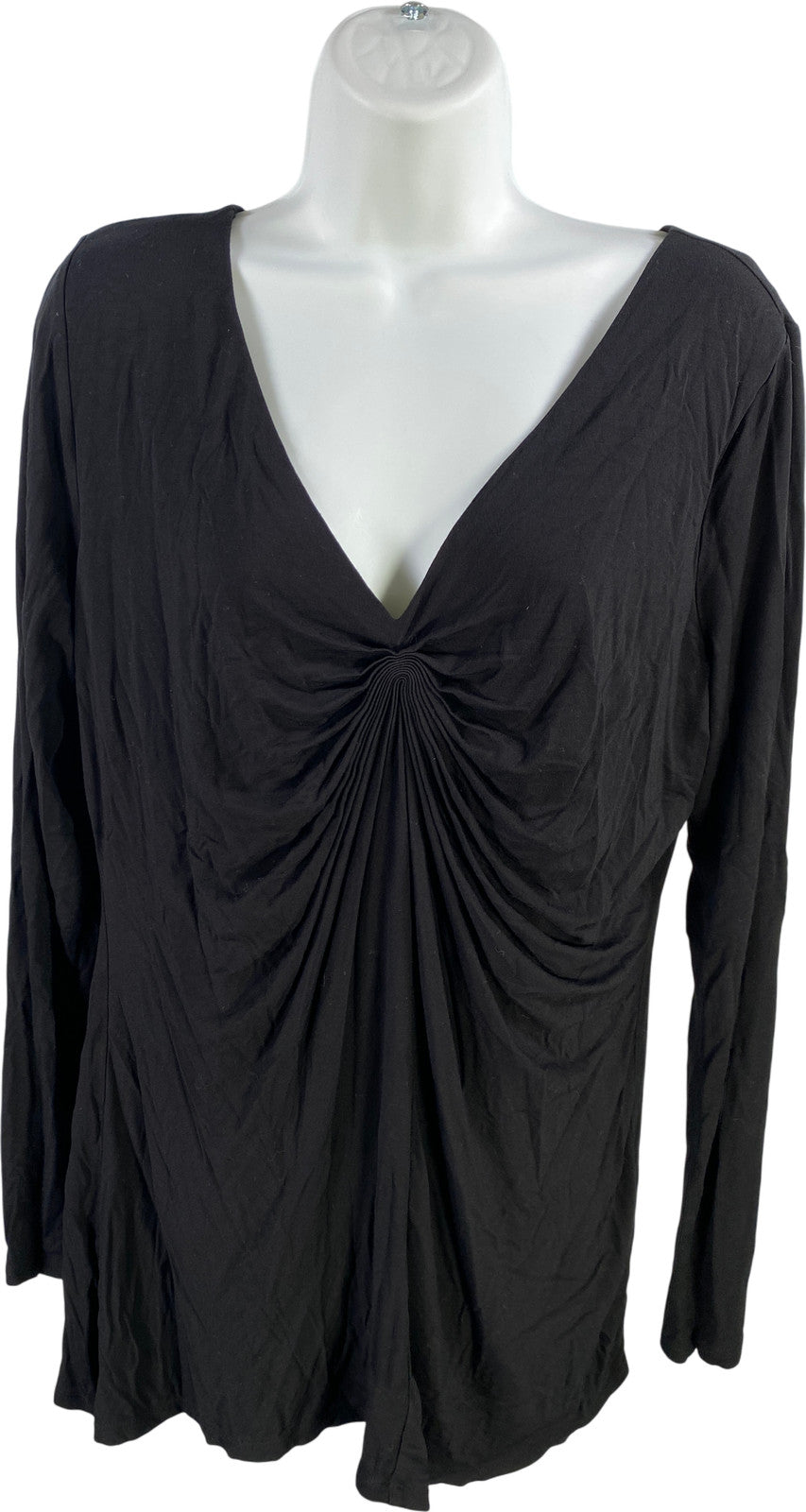 White House Black Market Womens Black Long Sleeve V-Neck Pleated Front Blouse -L