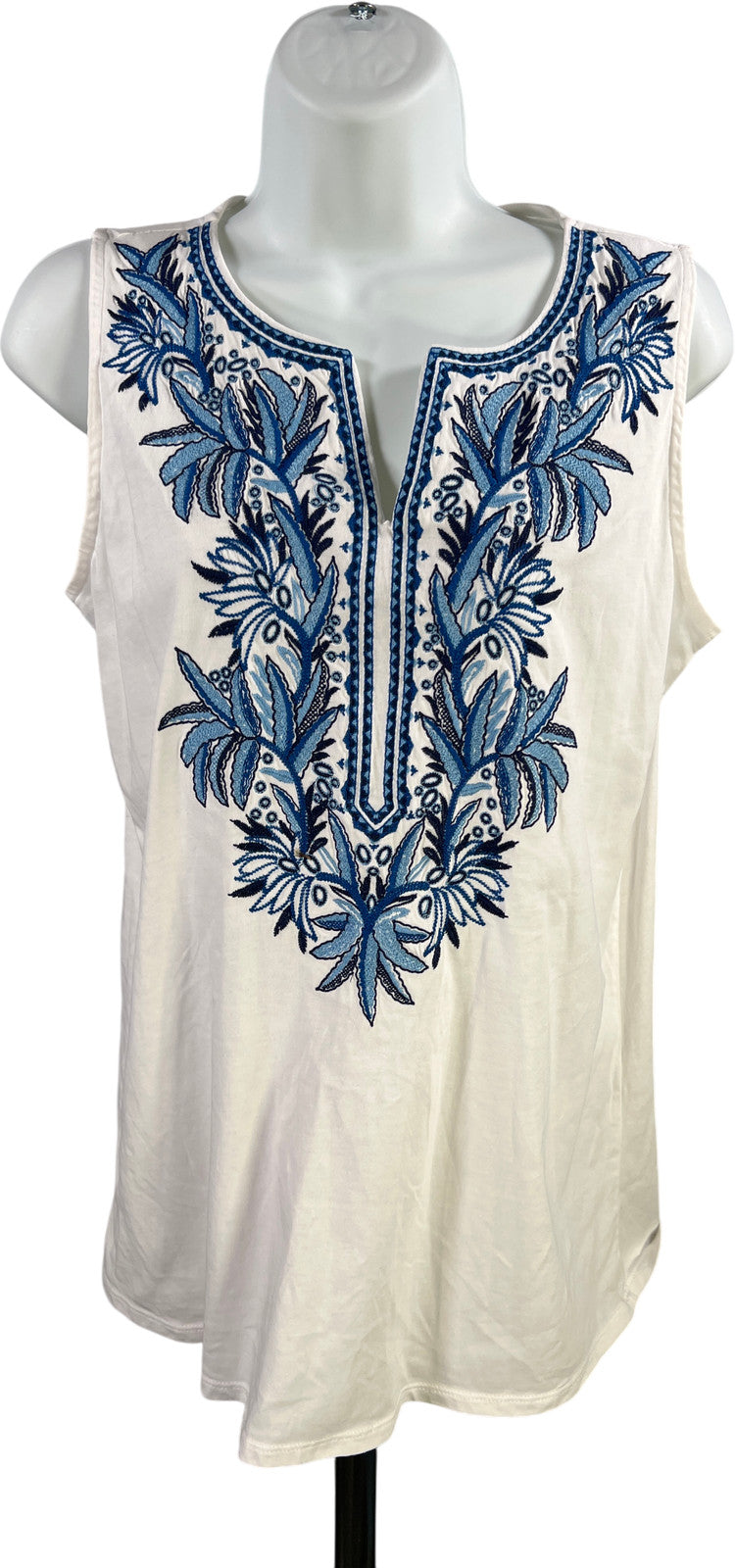 J.Jill Women’s White/Blue Embroidered Sleeveless V-Neck Tank Top - XS