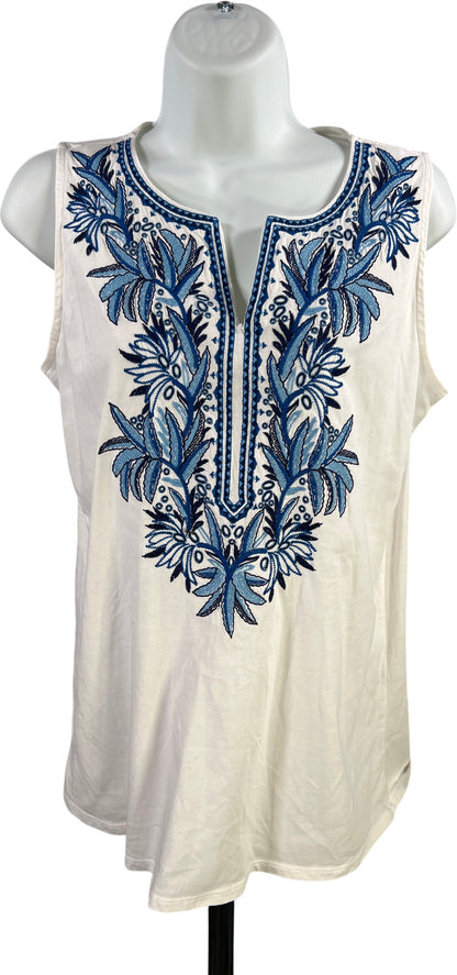 J.Jill Women’s White/Blue Embroidered Sleeveless V-Neck Tank Top - XS