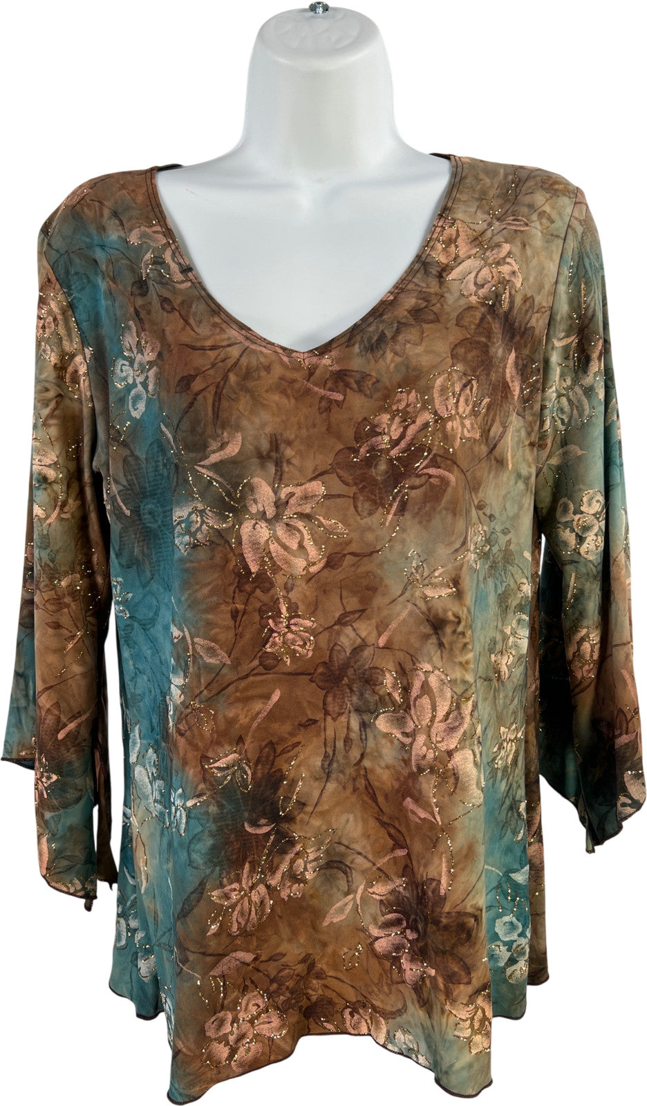 Dressbarn Women’s Brown/Blue Glitter 3/4 Sleeve V-Neck Blouse - L