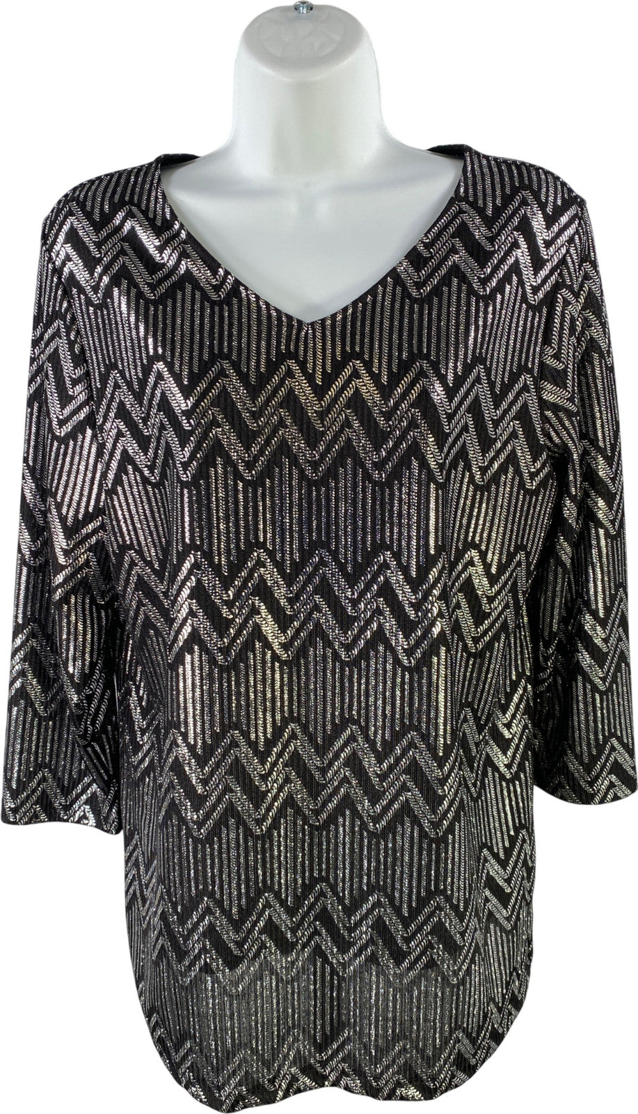 Chico’s Women’s Black/Silver Metallic 3/4 Sleeve Blouse - 1/US M