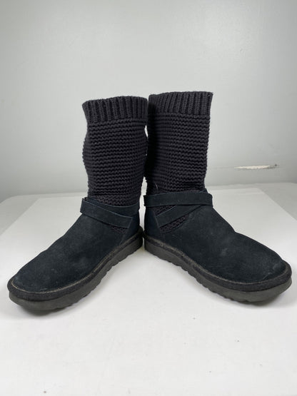 UGG Women’s Black Knit Purl Strap Twinface Short Boots - 6