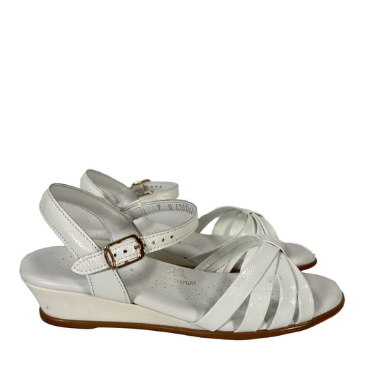 SAS Women's White Leather Strappy Low Wedge Ankle Sandals - 7