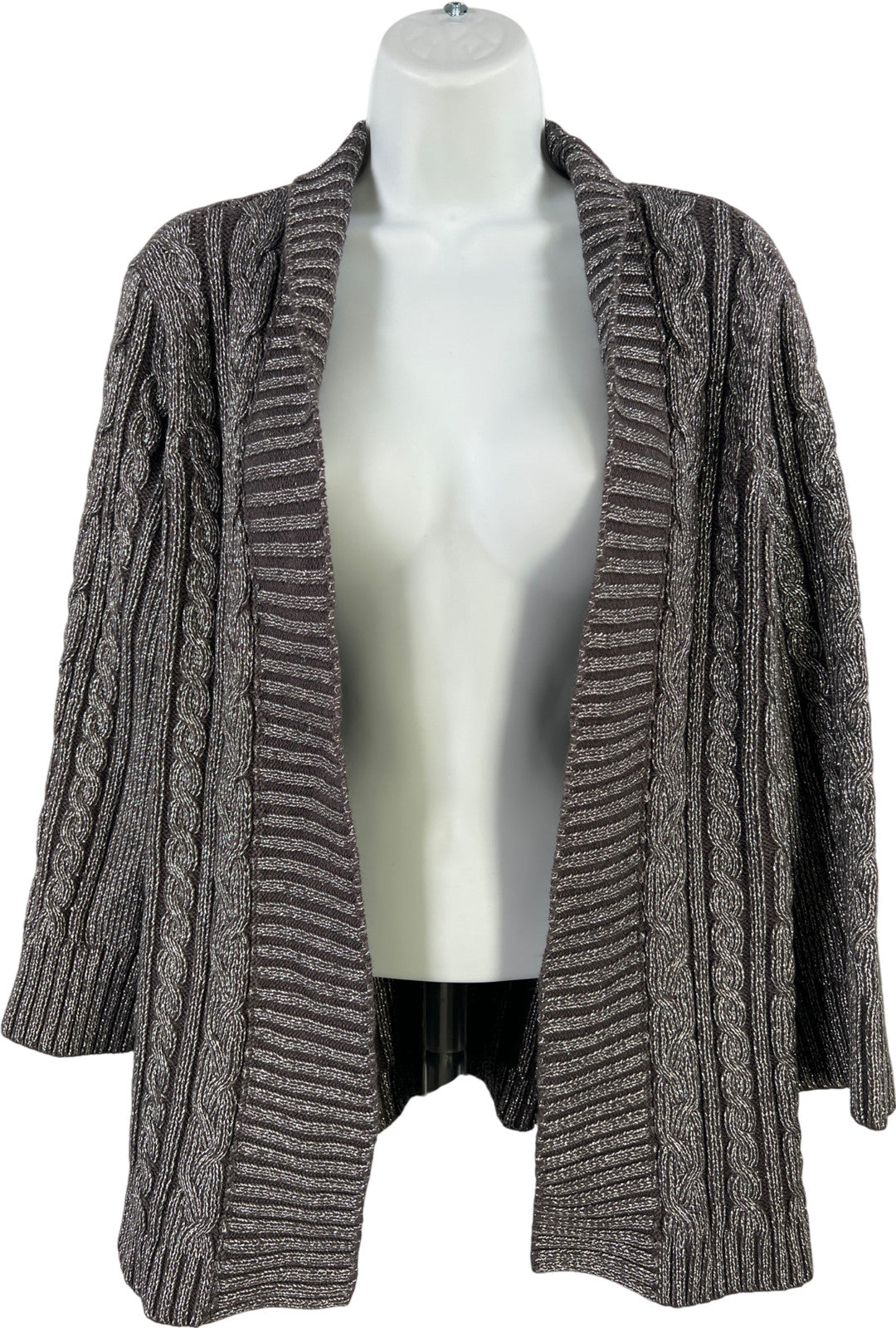 Charter Club Women’s Gray Metallic Ribbed 3/4 Sleeve Open Cardigan Sweater - XL