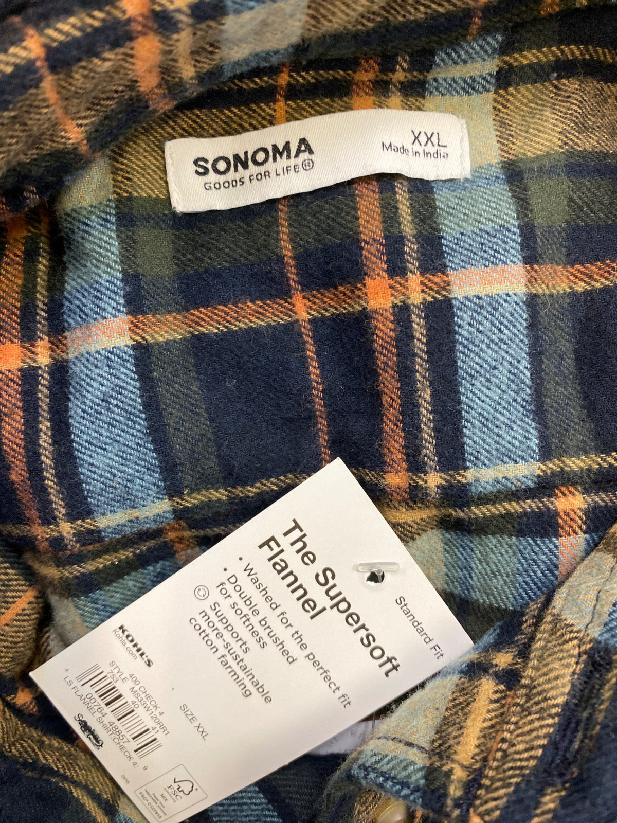 Sonoma Men’s Blue/Brown Supersoft Long Sleeve Button Up Flannel Shirt - XXL