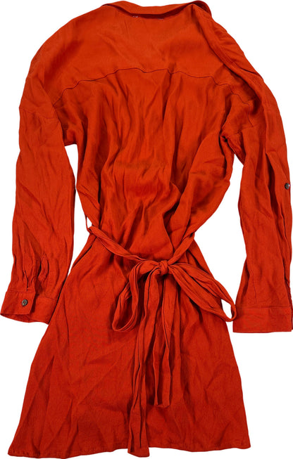 Olivaceous Women's Orange Long Sleeve Button Up Tie Waist Dress - S