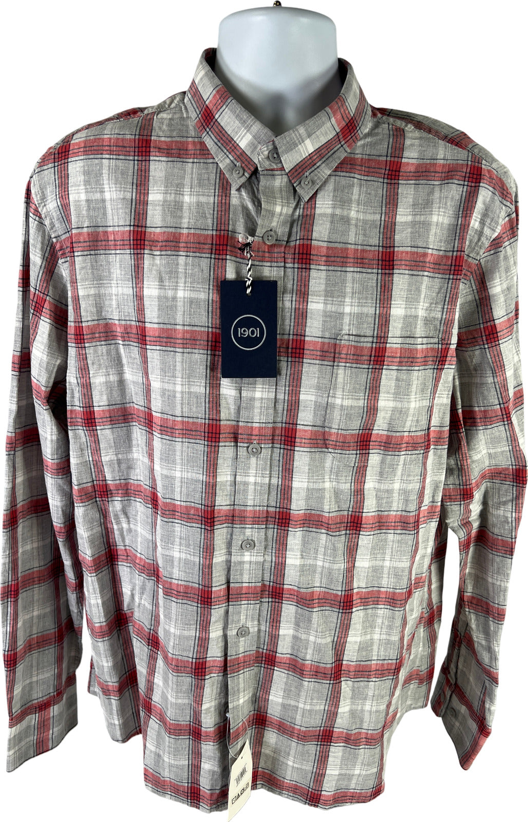 NEW 1901 Men’s Grey Heather/Red Plaid Trim Fit Button Up Shirt - XL
