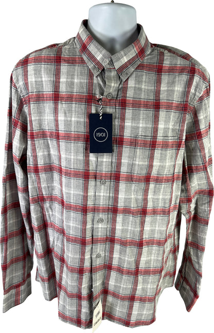 NEW 1901 Men’s Grey Heather/Red Plaid Trim Fit Button Up Shirt - XL