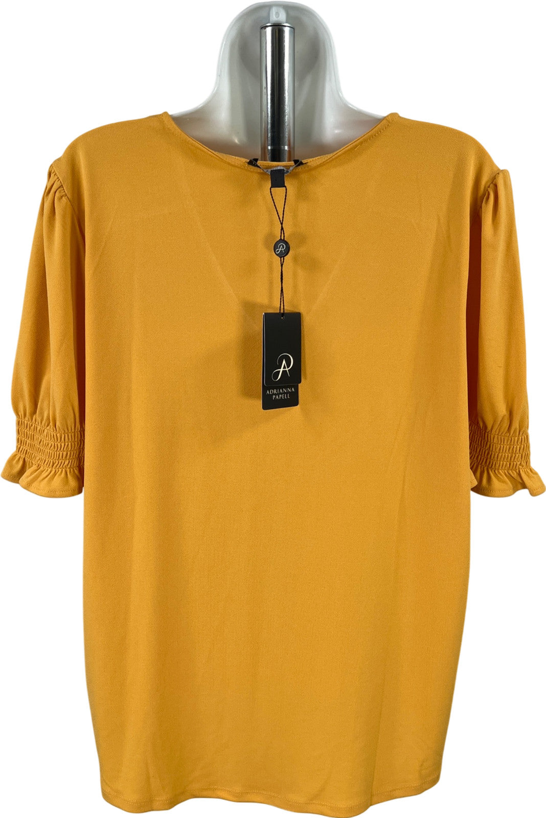 Adrianna Papell Women’s Gold/Yellow V-Neck Smocked Short Sleeve Blouse - XL