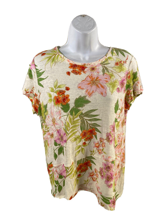 J.Jill Women's Ivory Floral Loven Linen Short Sleeve T-Shirt - S Petite