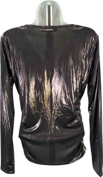 Michael Kors Women’s Black Metallic Cinched Front V-Neck Shirt - M