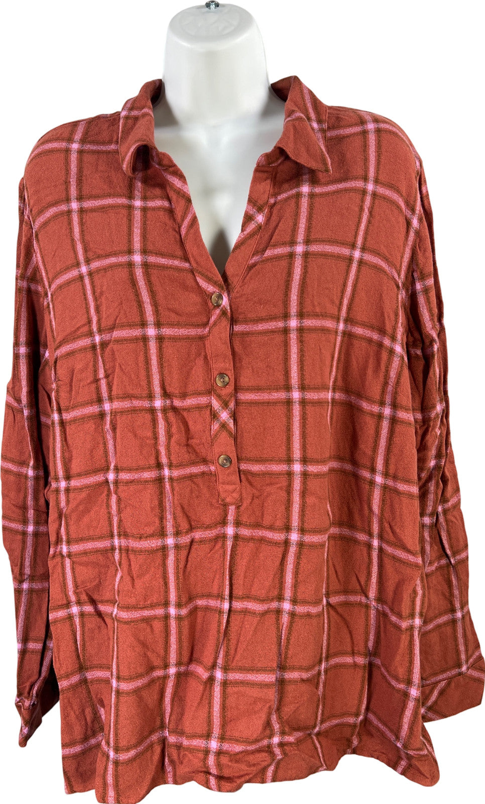 J.Jill Women’s Orange/Pink Plaid 1/2 Button Pullover Blouse - Plus 2X