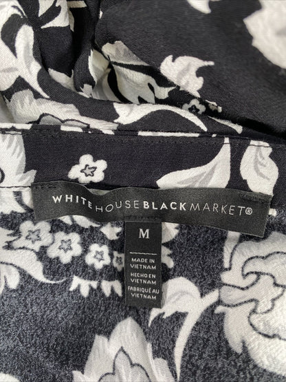 White House Black Market Womens Black Floral 3/4 Sleeve Lace Trim Top - M