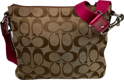 Coach Women’s Beige Khaki Signature Pink Trim Small Crossbody Purse