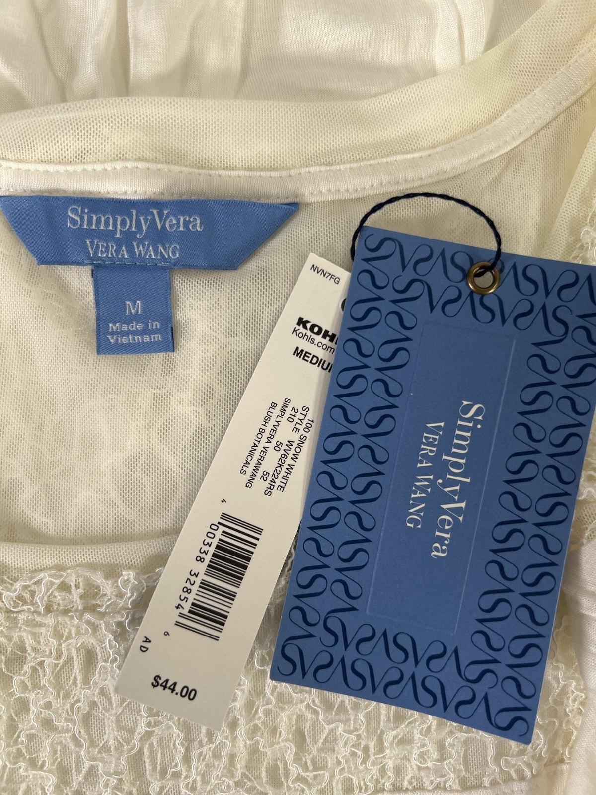 NEW Simply Vera Wang Women’s White/Ivory Lace Short Sleeve T-Shirt - M