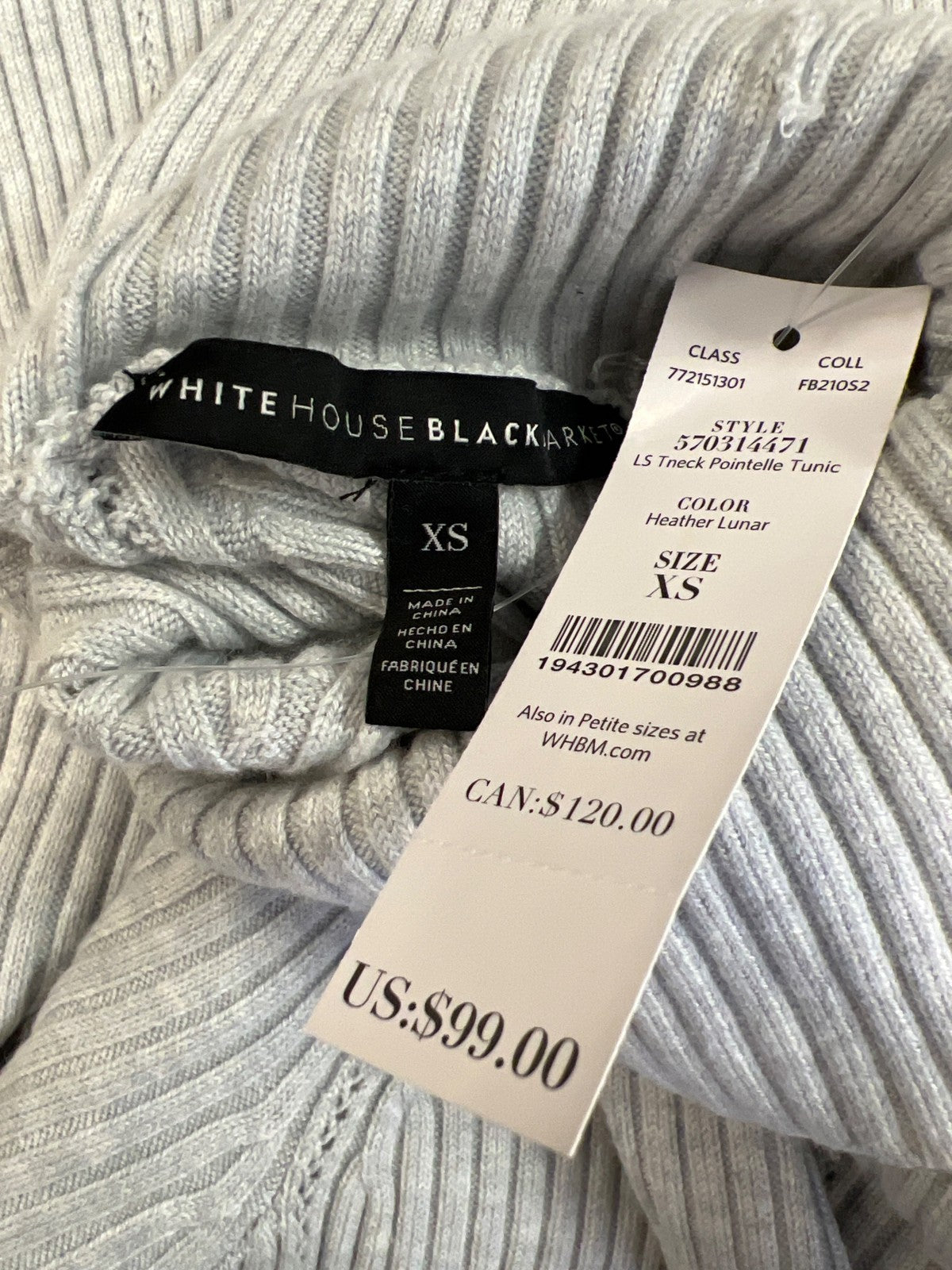 White House Black Market Women’s Blue Turtleneck Pointelle Tunic Sweater - XS