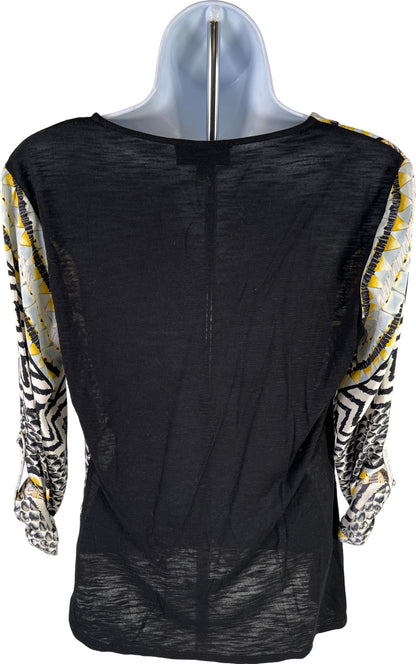 Hale Bob Women’s Yellow & Black Tie Front Roll Tab Sleeve Top - XS