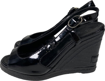 CHANEL Women’s Black Patent Leather Open Toe Wedge Sandals - 36/US 5.5