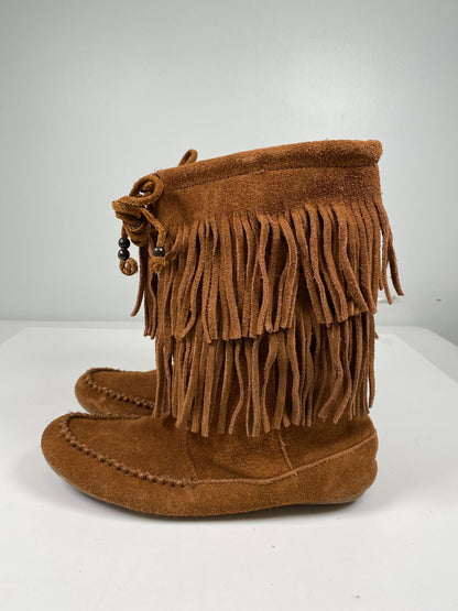 Minnetonka Women’s Brown Suede Double Fringe Pull On Mid Calf Boots - 7.5