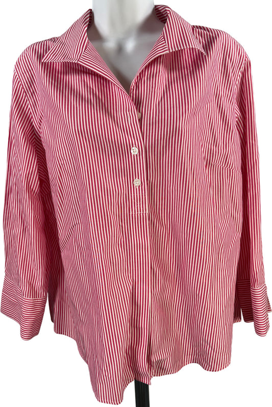 Chico’s Women’s Red/White Striped No-Iron 3/4 Sleeve Button Up Shirt - 2/US L