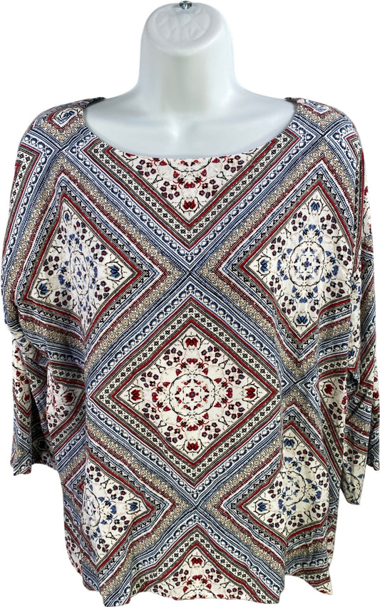 J.Jill Women’s White/Multicolor Button Back 3/4 Sleeve Shirt - M