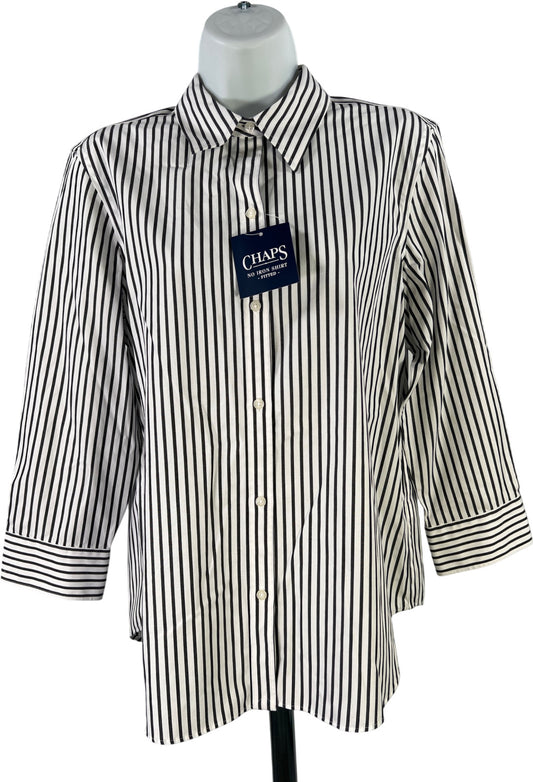 Chaps Women’s White/Gray Striped 3/4 Sleeve No Iron Button Up Shirt - L