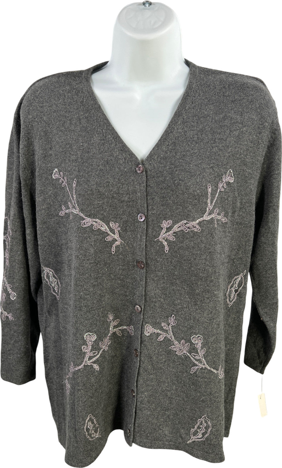 Cest City Women’s Gray Embroidered Silk/Cashmere Button Up Cardigan Sweater - XL