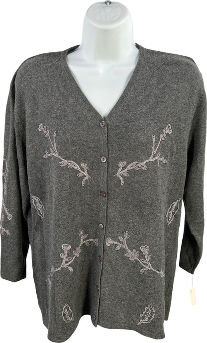 Cest City Women’s Gray Embroidered Silk/Cashmere Button Up Cardigan Sweater - XL