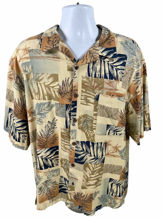Tommy Bahama Men's Yellow Palm Leaf Silk Hawaiian Camp Shirt - XL