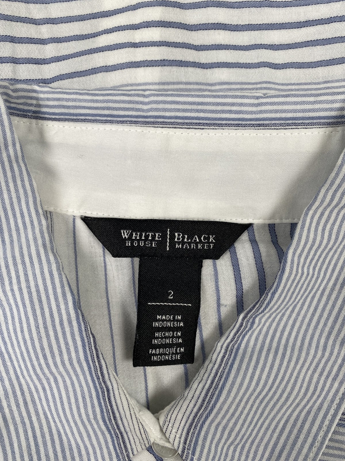 White House Black Market Women’s White/Blue Long Sleeve Button Up Shirt - 2