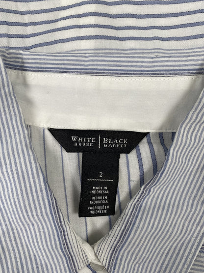 White House Black Market Women’s White/Blue Long Sleeve Button Up Shirt - 2