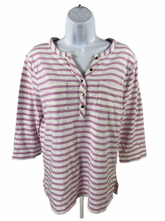 Chico's Womens Pink Striped 3/4 Sleeve Henley Ultimate Tee Shirt - 1/US M