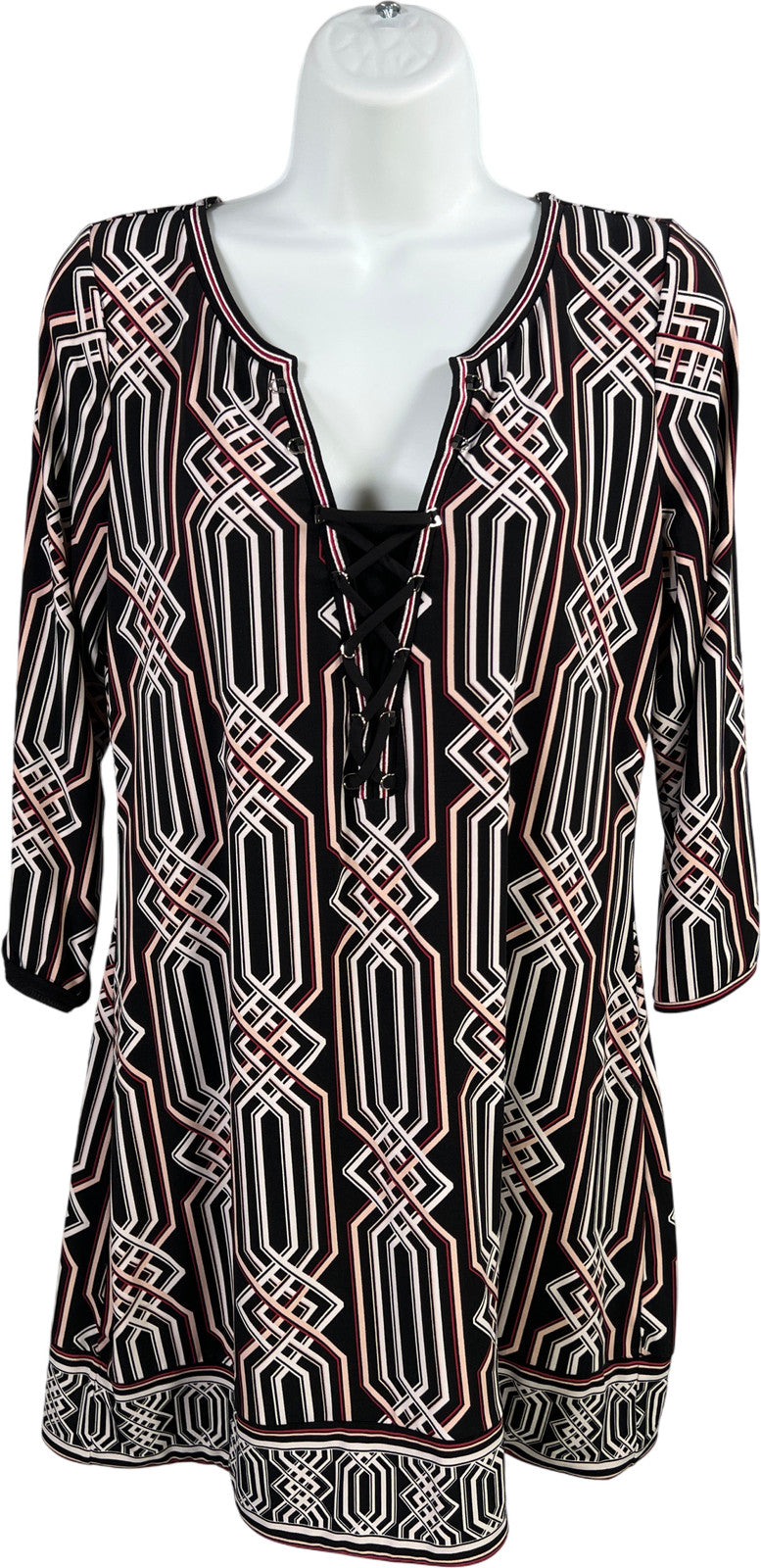 White House Black Market Women’s Black 3/4 Sleeve Lace Neck Tunic Blouse - M