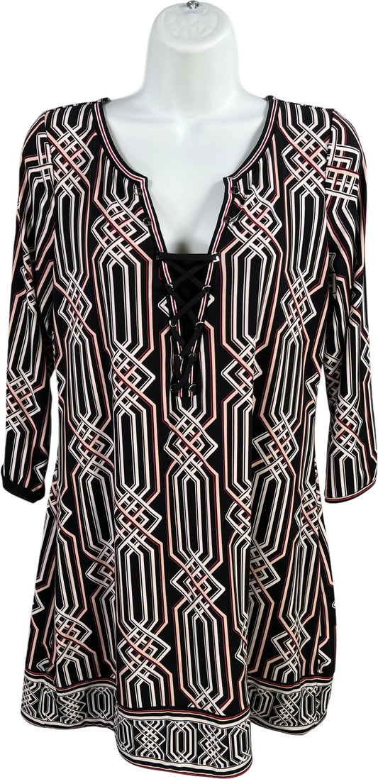 White House Black Market Women’s Black 3/4 Sleeve Lace Neck Tunic Blouse - M